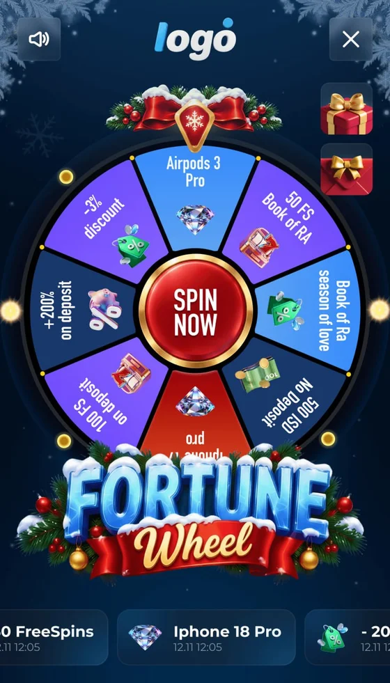 Ruleta navideña con nieve, cintas rojas y adornos