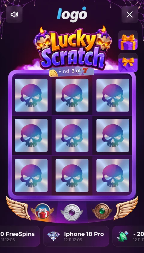Halloween Scratch Card with skulls and a purple and orange theme
