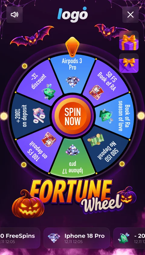 Halloween Fortune Wheel with pumpkins, bats and purple artwork