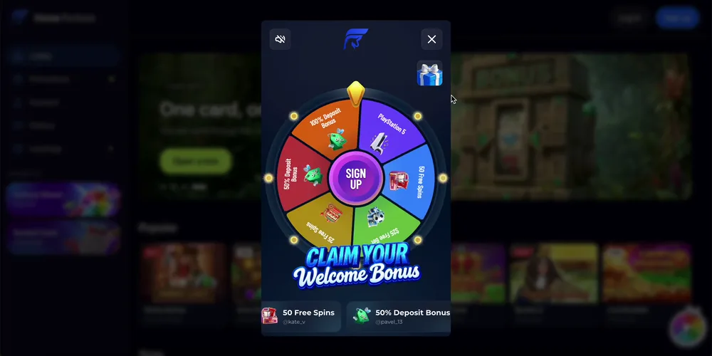 A welcome wheel appearing after the signup form is closed