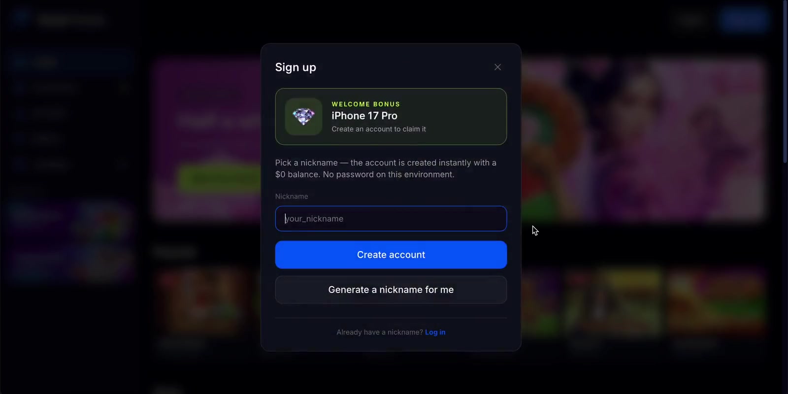 The casino registration form displays the won prize as a welcome bonus above the account fields.