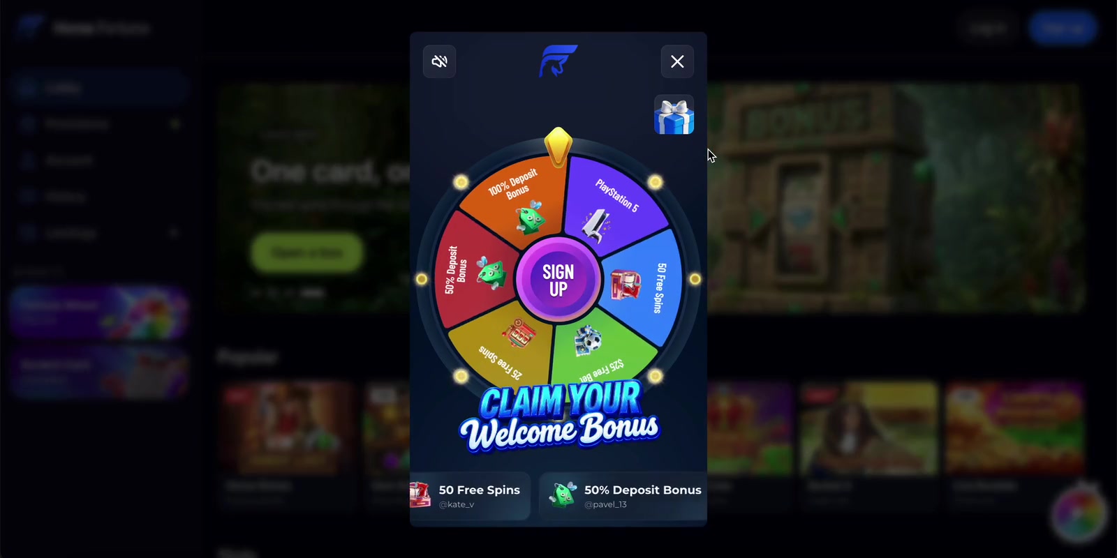 A welcome wheel with a Sign up button appears after the registration form closes.