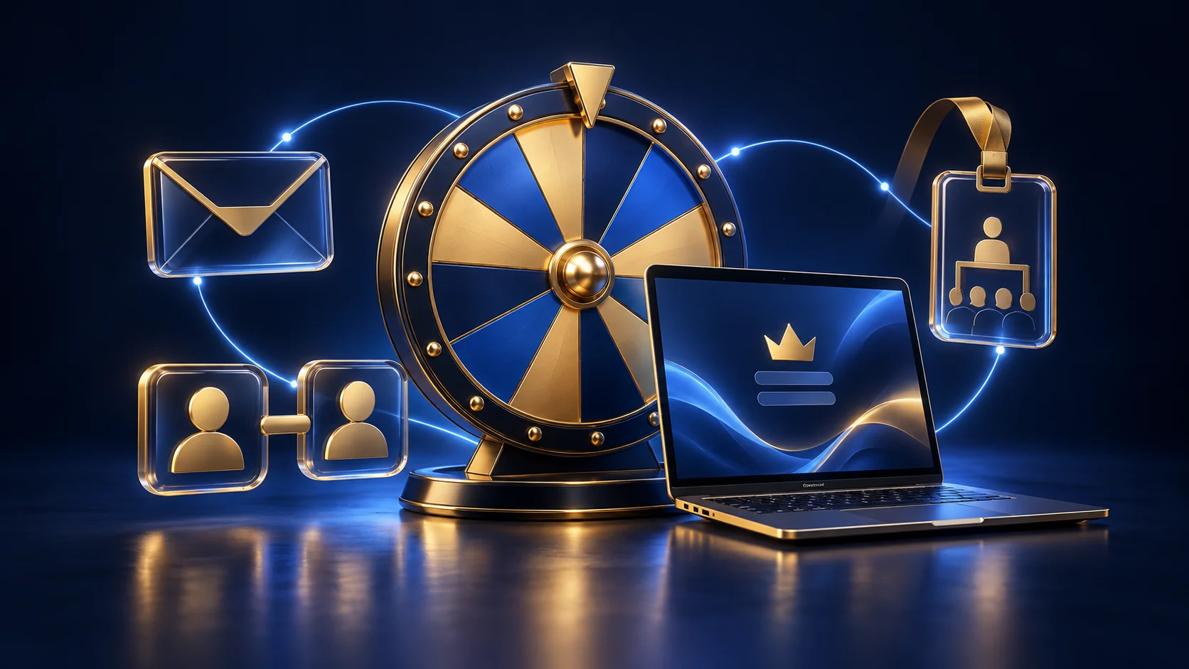 Blue and gold prize wheel and laptop connected to email, professional networking, and event icons