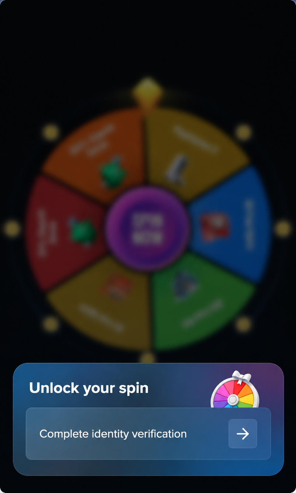 Wheel of Fortune with an Unlock your spin mission asking the player to complete identity verification