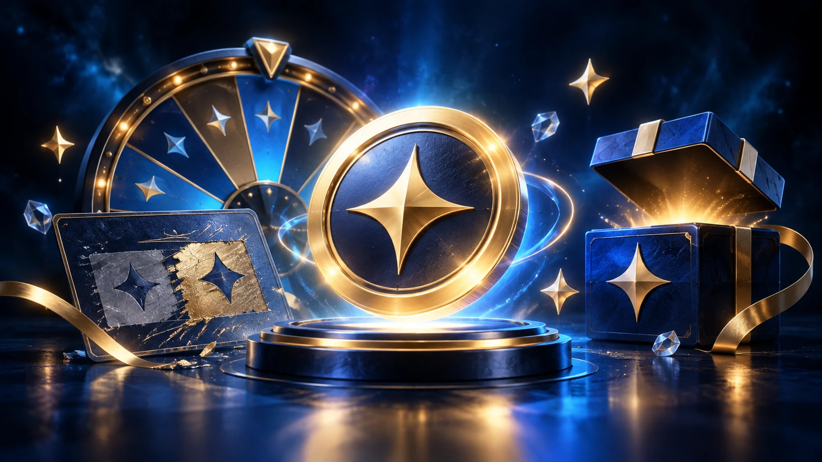 Sweepstakes casino promotional coin with a wheel, scratch card, and reward box