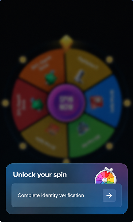 Wheel of Fortune with an Unlock your spin mission asking the player to complete identity verification